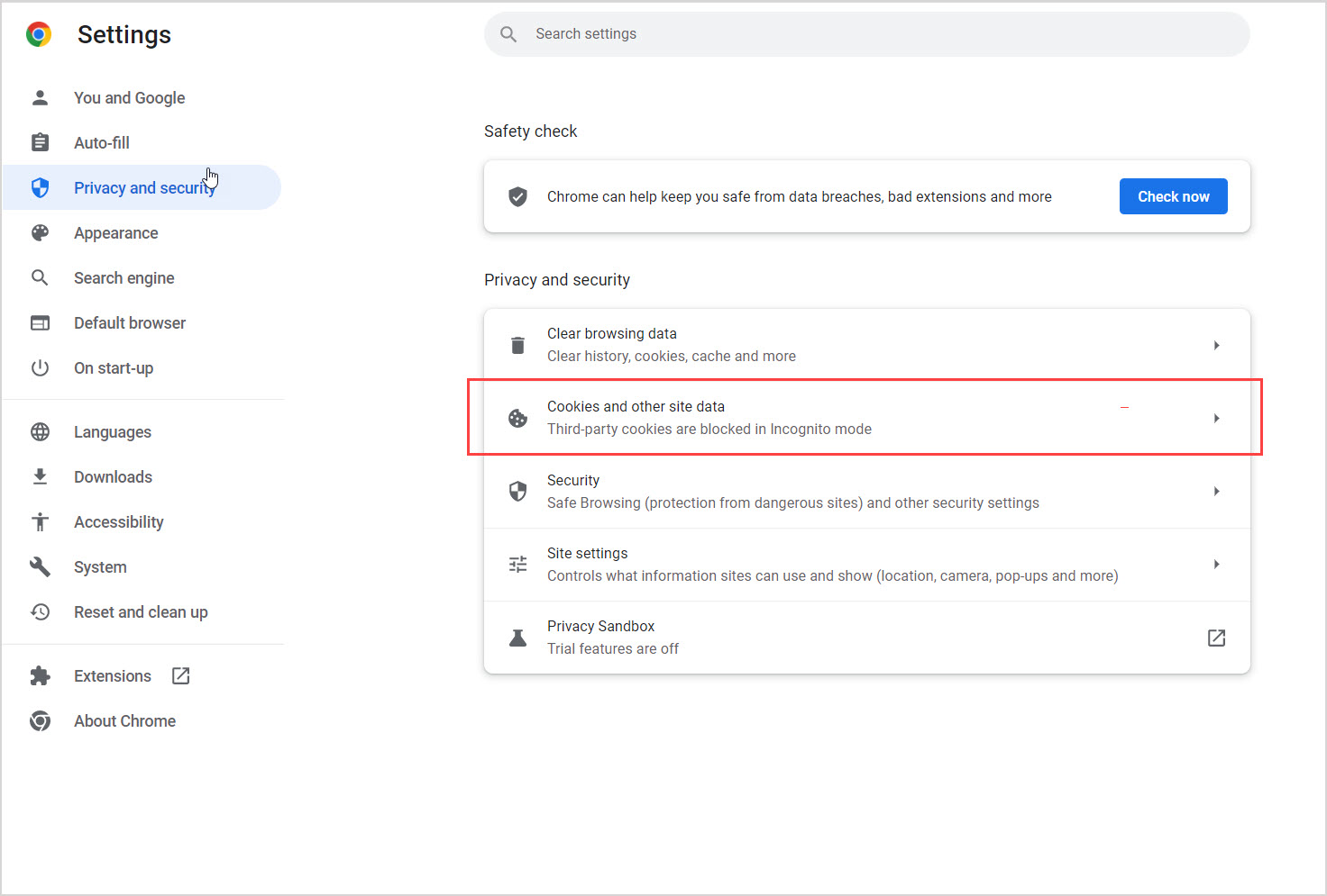 "Cookies and other site data" is highlighted in Privacy and security tab of Google Chrome settings.